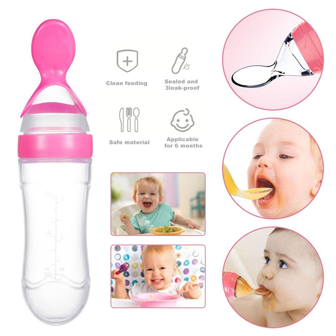 Baby Spoon Feeder | 90ml Silicone Feeding Bottle with Spoon | Infant & Toddler Food Supplement Bottle