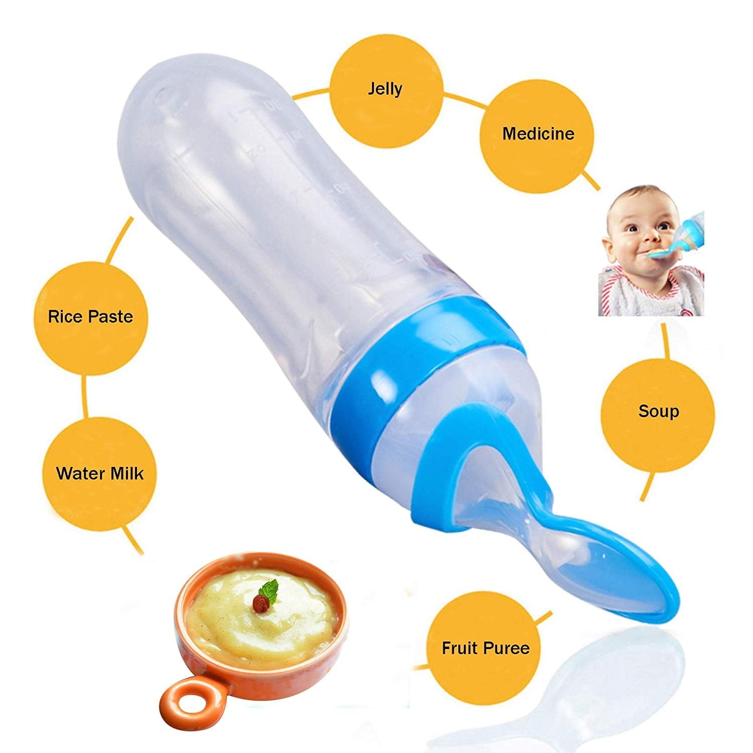 Baby Spoon Feeder | 90ml Silicone Feeding Bottle with Spoon | Infant & Toddler Food Supplement Bottle