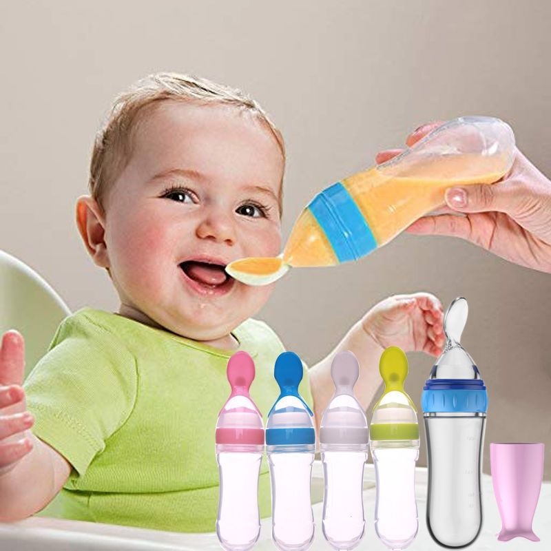 Baby Spoon Feeder | 90ml Silicone Feeding Bottle with Spoon | Infant & Toddler Food Supplement Bottle